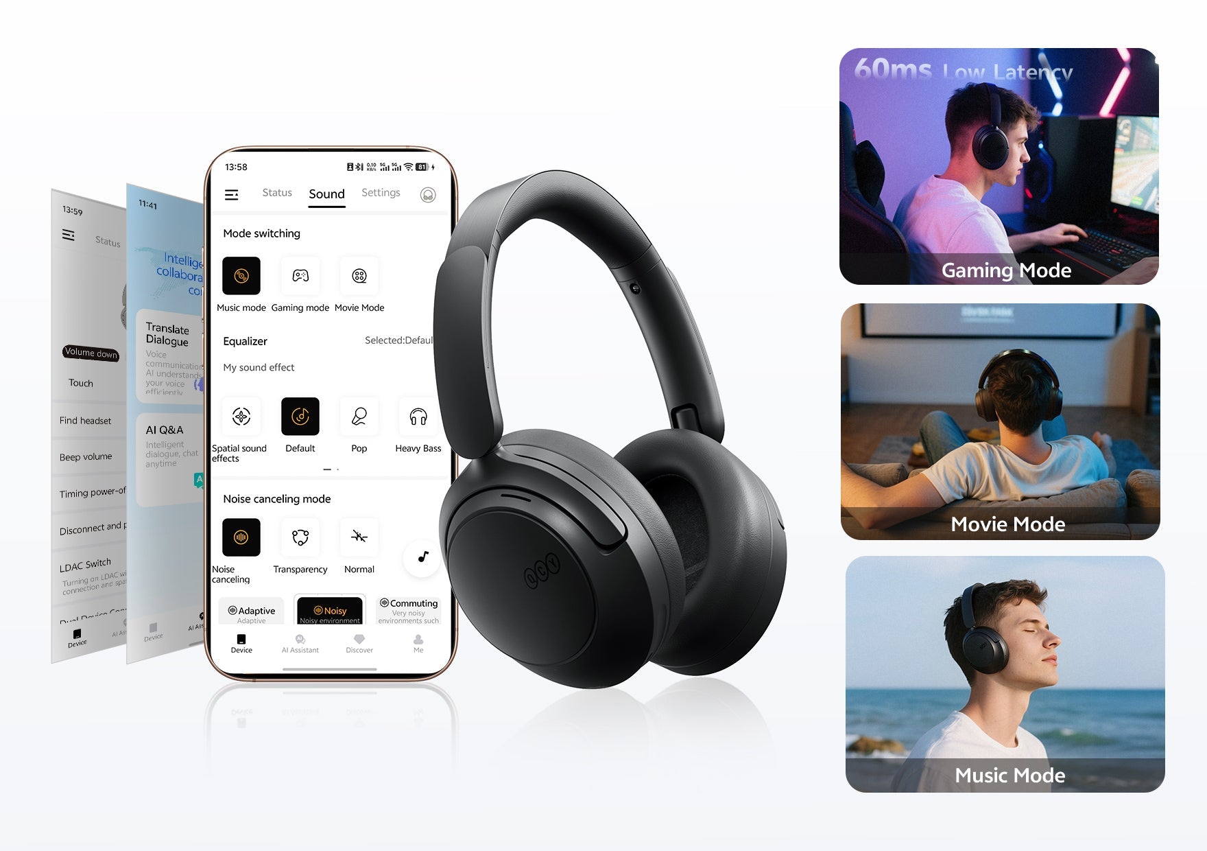 Auriculares sem fios pretos com controlo por aplicação, cancelamento de ruído e modo de jogo.
