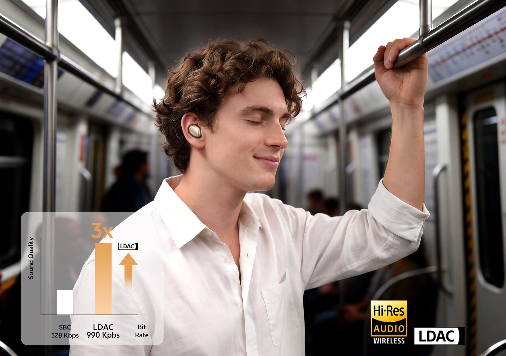 Homem com auscultadores Bluetooth LDAC no metro.