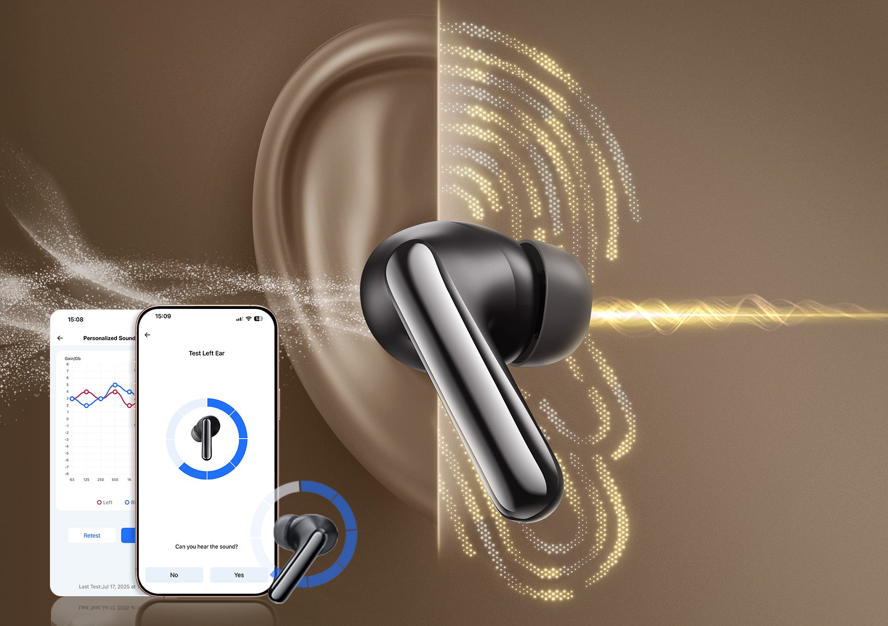 Auscultadores sem fios pretos com aplicação para som personalizado e teste auditivo, apresentados com uma orelha estilizada e uma onda sonora