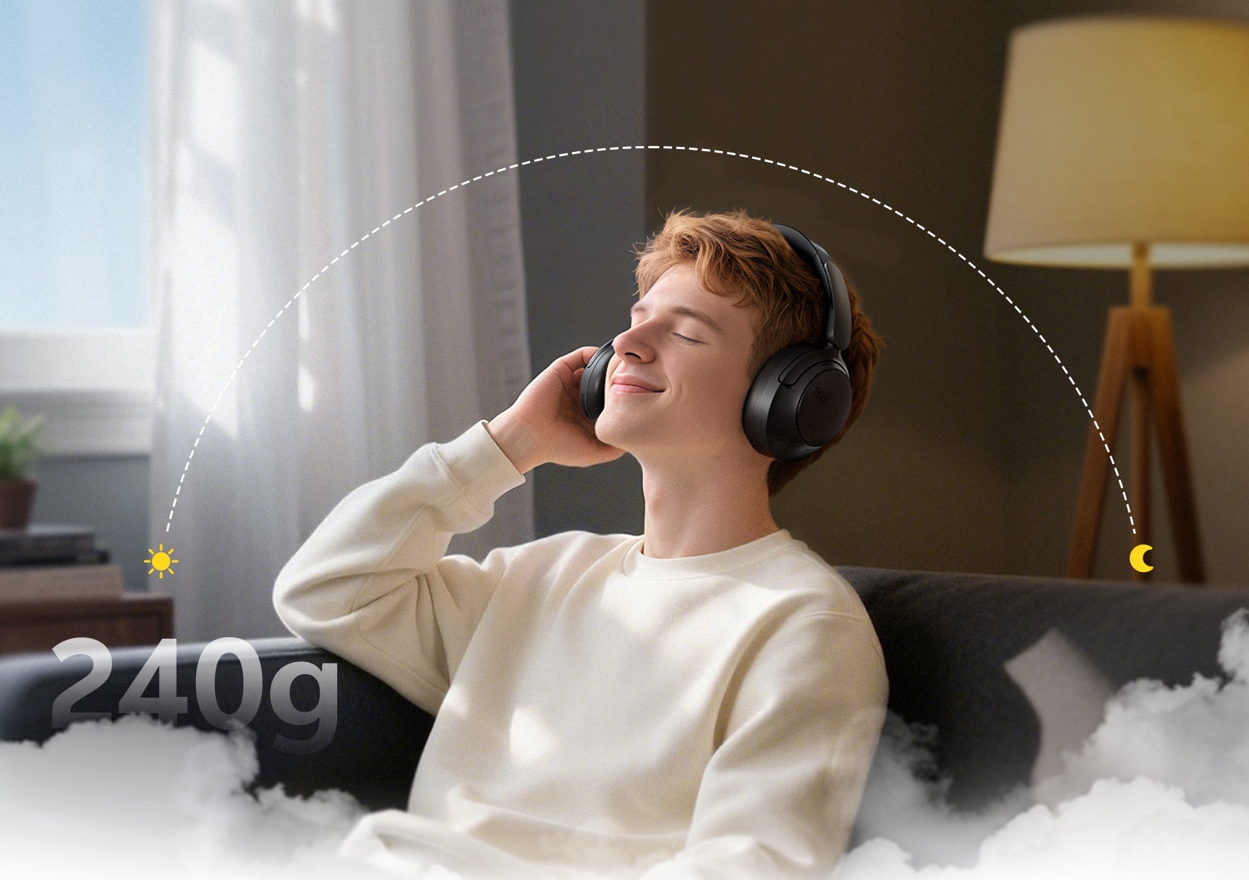 Auriculares leves com 240g para ouvir música confortavelmente no dia a dia.