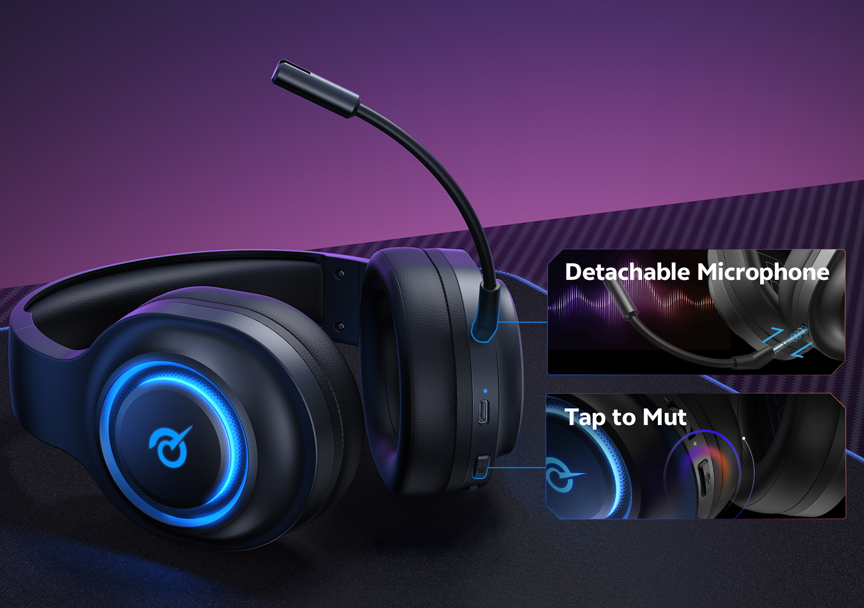 Auscultadores de gaming pretos com microfone destacável e função de silêncio por toque.