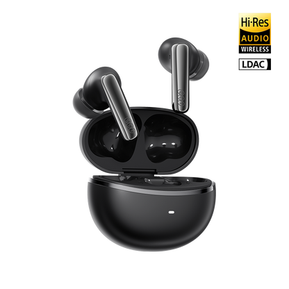 QCY MeloBuds N70 Preto: Estojo de carregamento aberto com LDAC Hi-Res e ANC adaptativo de 56 dB
