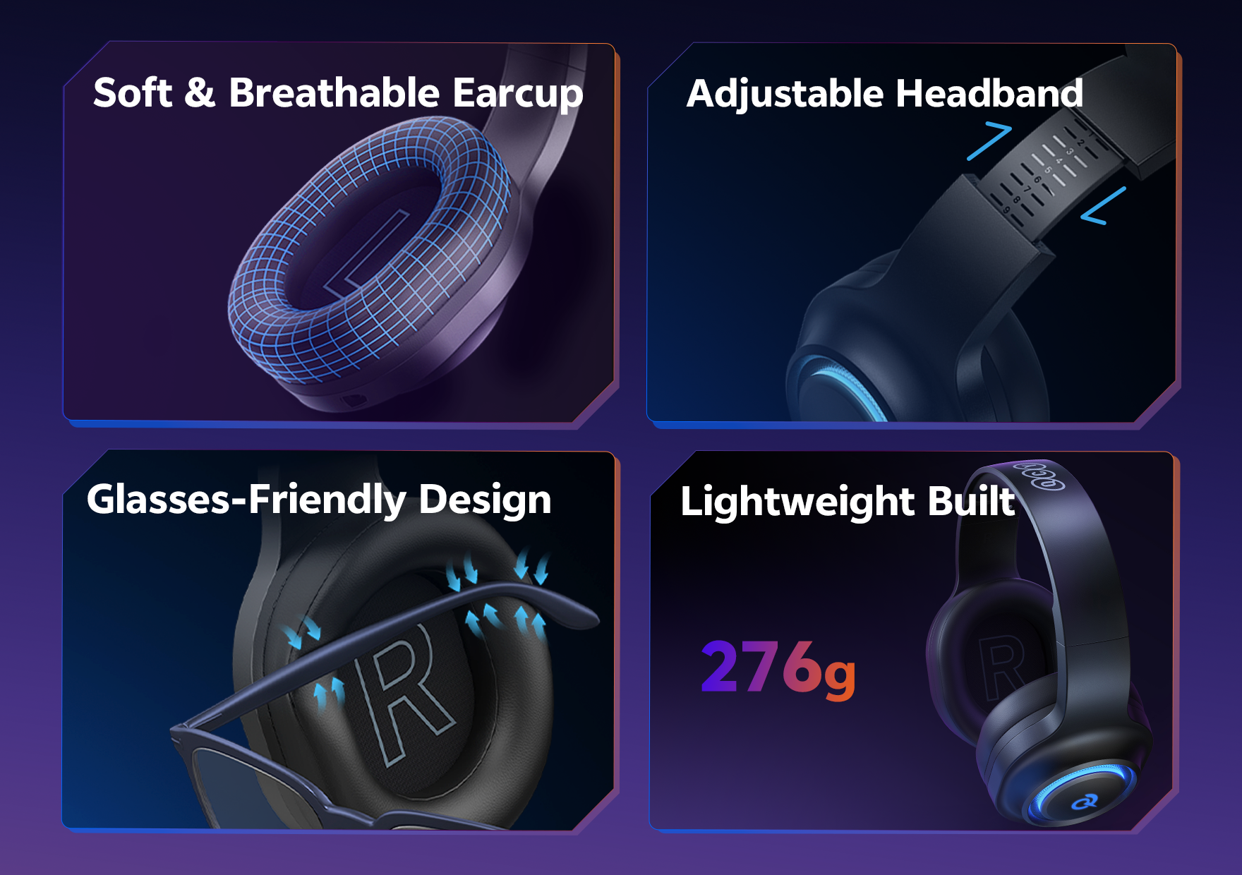 Auscultadores over-ear pretos com almofadas auriculares macias, arco ajustável e design leve (276g).