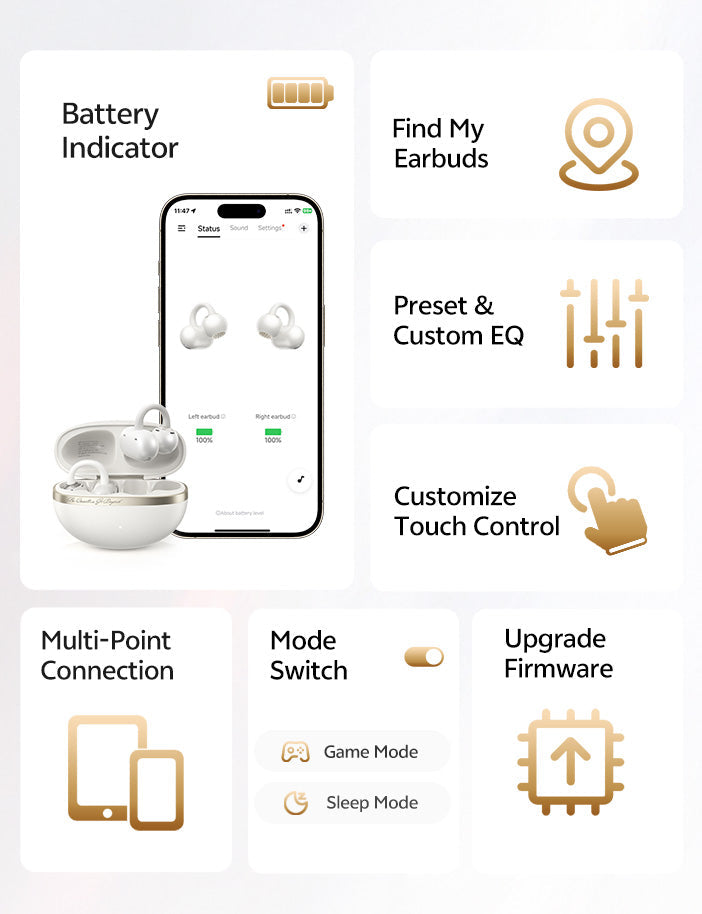 Auriculares Bluetooth com controlo por aplicação: bateria, EQ, controlo tátil, multi-ponto e atualização de firmware.