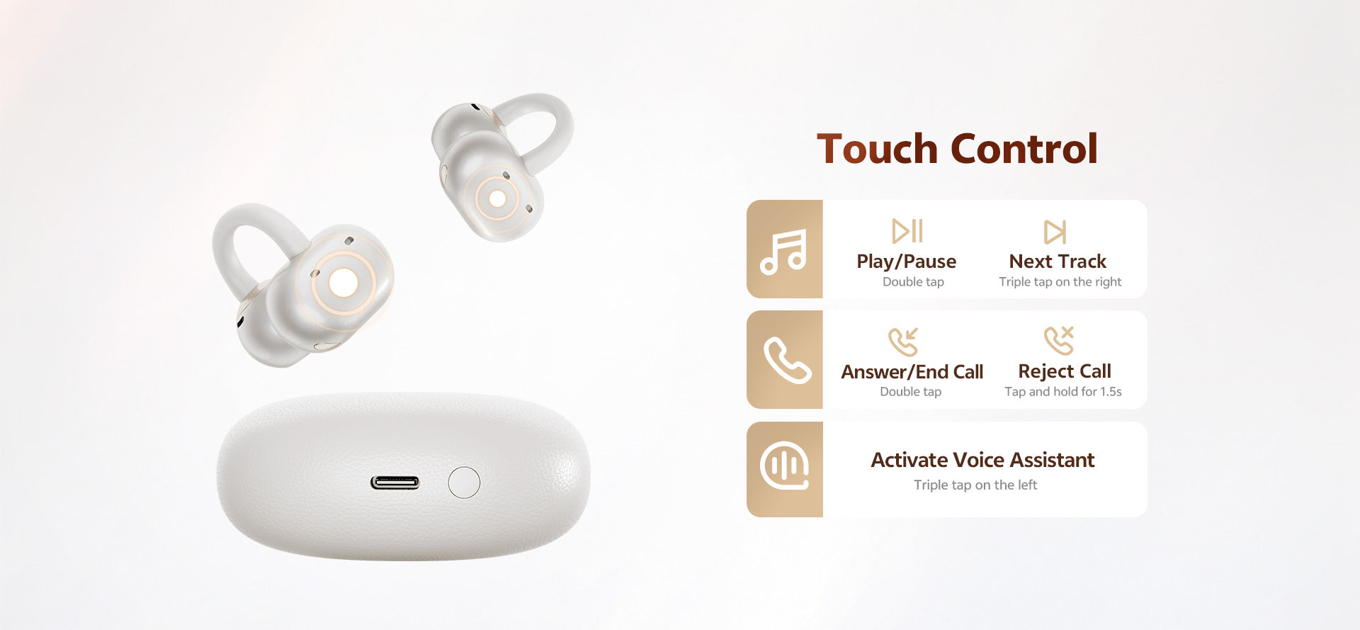 Auriculares sem fios brancos com controlo tátil e estojo de carregamento.