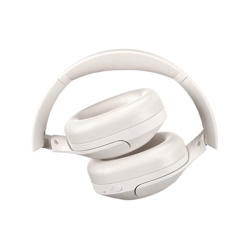 Auriculares QCY H3 Lite ANC brancos com cancelamento de ruído, vista lateral dobrada com armazenamento compacto e superfície mate suave.