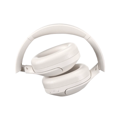 Auriculares QCY H3 Lite ANC brancos com cancelamento de ruído, vista lateral dobrada com armazenamento compacto e superfície mate suave.