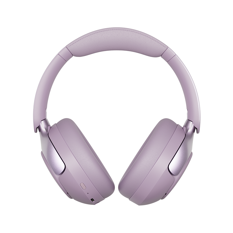 QCY H3 Pro lilás auscultadores Over-Ear vistos de frente com arco e almofadas auriculares a condizer na cor