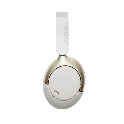 Vista lateral de uma única concha auricular branca QCY H3 Pro com suspensão dourada, botões de controlo e ligação USB-C