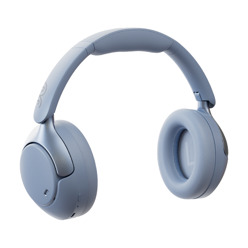 Auriculares sem fios ANC QCY H3 Pro Over-Ear azul claro, vista frontal ligeiramente inclinada para a direita, arco de cabeça macio e almofadas auriculares acolchoadas sobre fundo transparente.