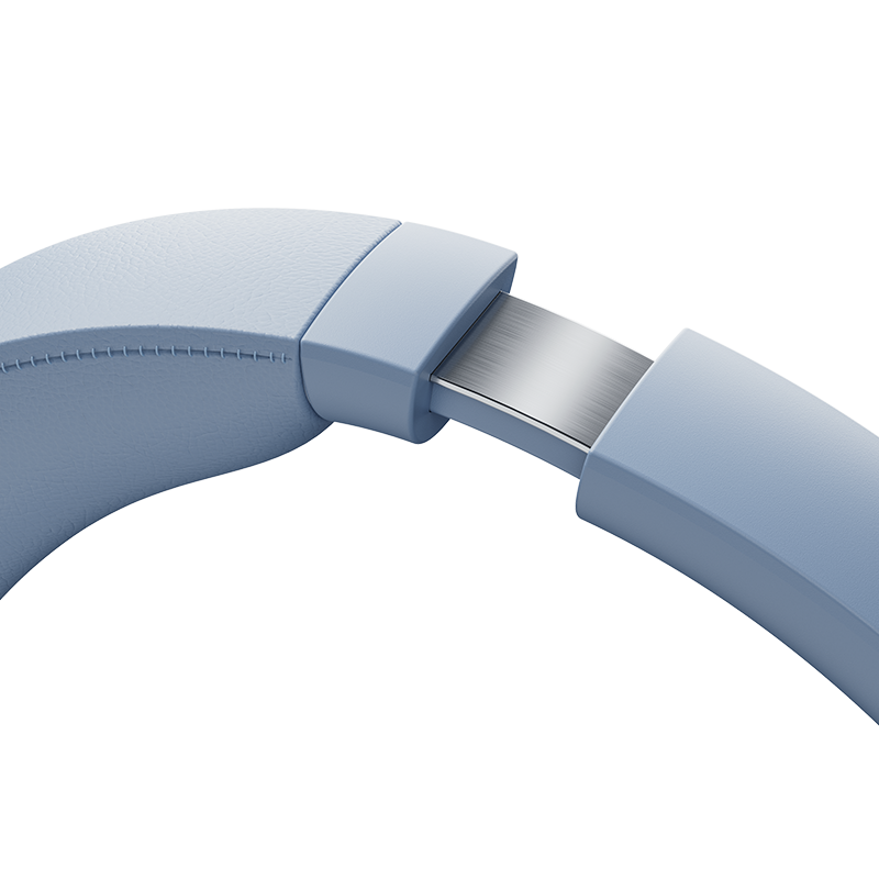 Close-up da haste azul do QCY H3 Pro com deslizador metálico ajustável e almofada acolchoada com costura decorativa