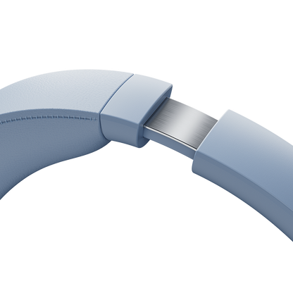 Close-up da haste azul do QCY H3 Pro com deslizador metálico ajustável e almofada acolchoada com costura decorativa