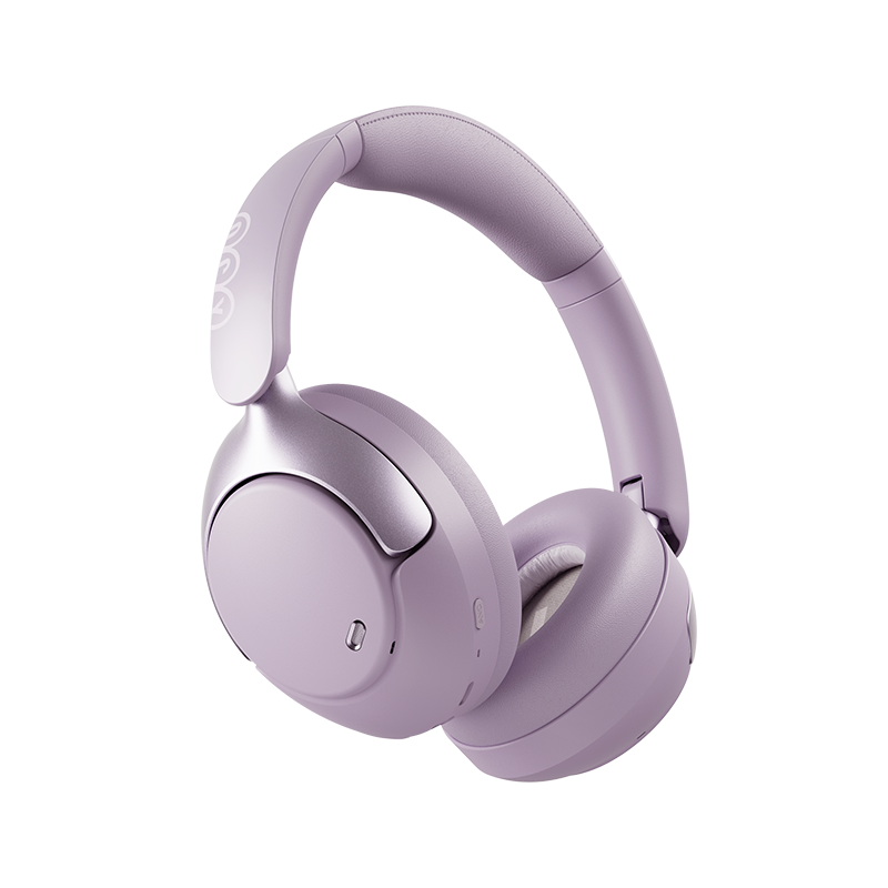 QCY H3 Pro lilás auscultadores Over-Ear em vista de três quartos com almofadas auriculares macias destacadas