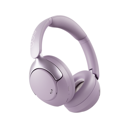 QCY H3 Pro lilás auscultadores Over-Ear em vista de três quartos com almofadas auriculares macias destacadas