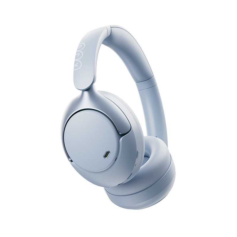 Auriculares Over-Ear QCY H3 Pro azuis em vista traseira inclinada com dobradiça visível e almofada da haste para a cabeça