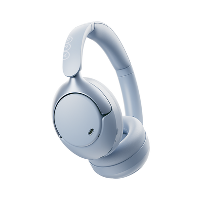 Auriculares Over-Ear QCY H3 Pro azuis em vista traseira inclinada com dobradiça visível e almofada da haste para a cabeça