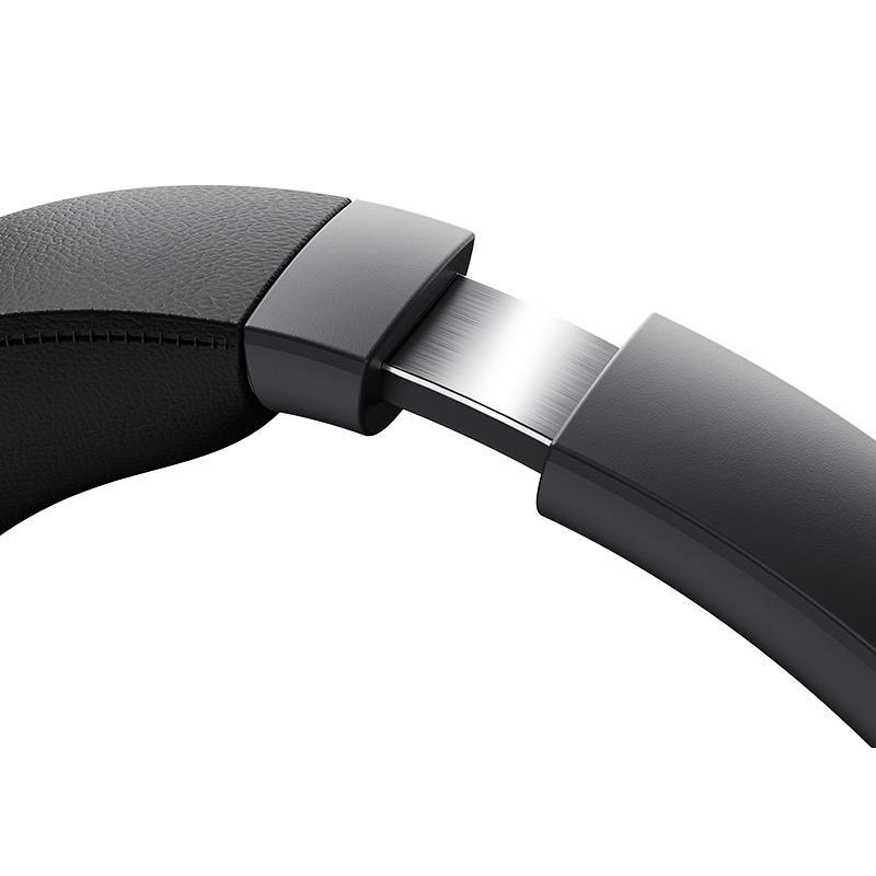 Close-up da haste preta do QCY H3 Pro com deslizador metálico ajustável e parte inferior acolchoada