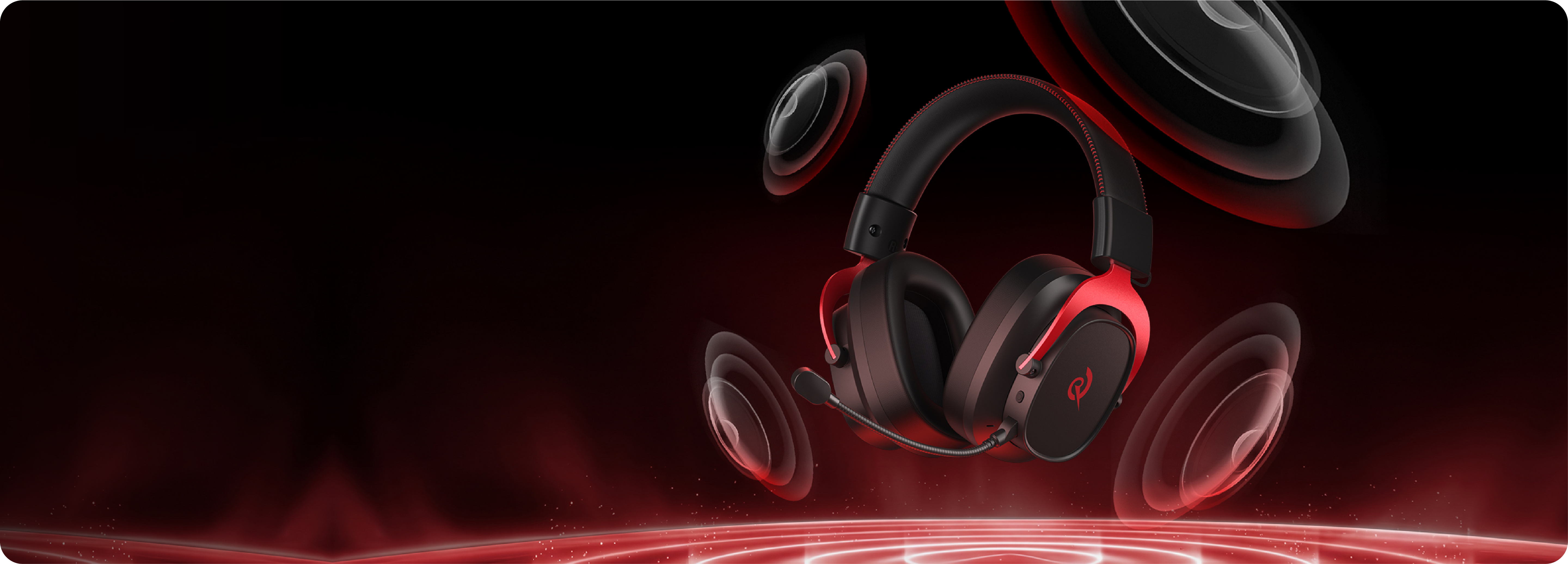 Auricular de jogo Razer com destaque vermelho e microfone, rodeado por ondas sonoras dinâmicas sobre um fundo escuro.
