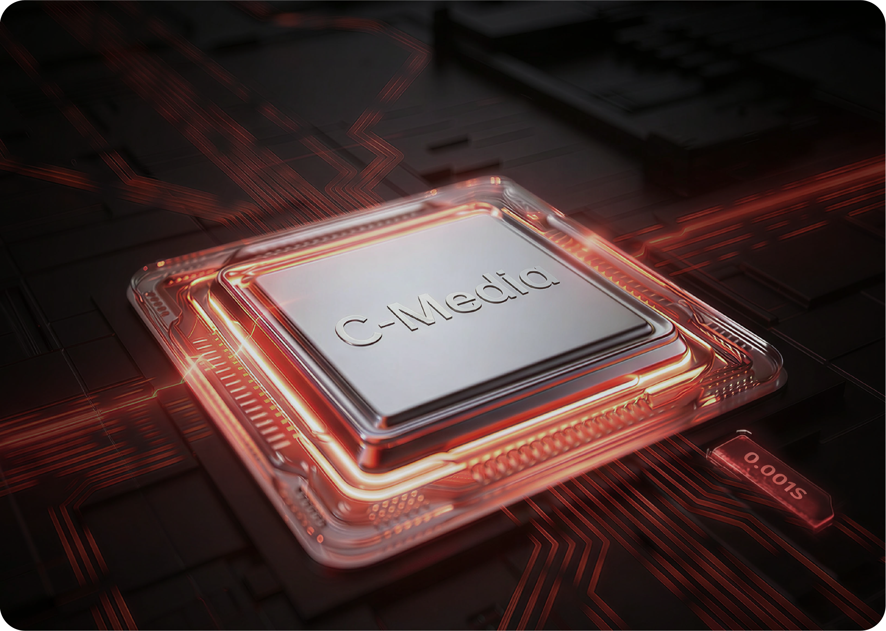 Chip C-Media com ligações vermelhas luminosas num fundo futurista, tecnologia de alto desempenho para áudio