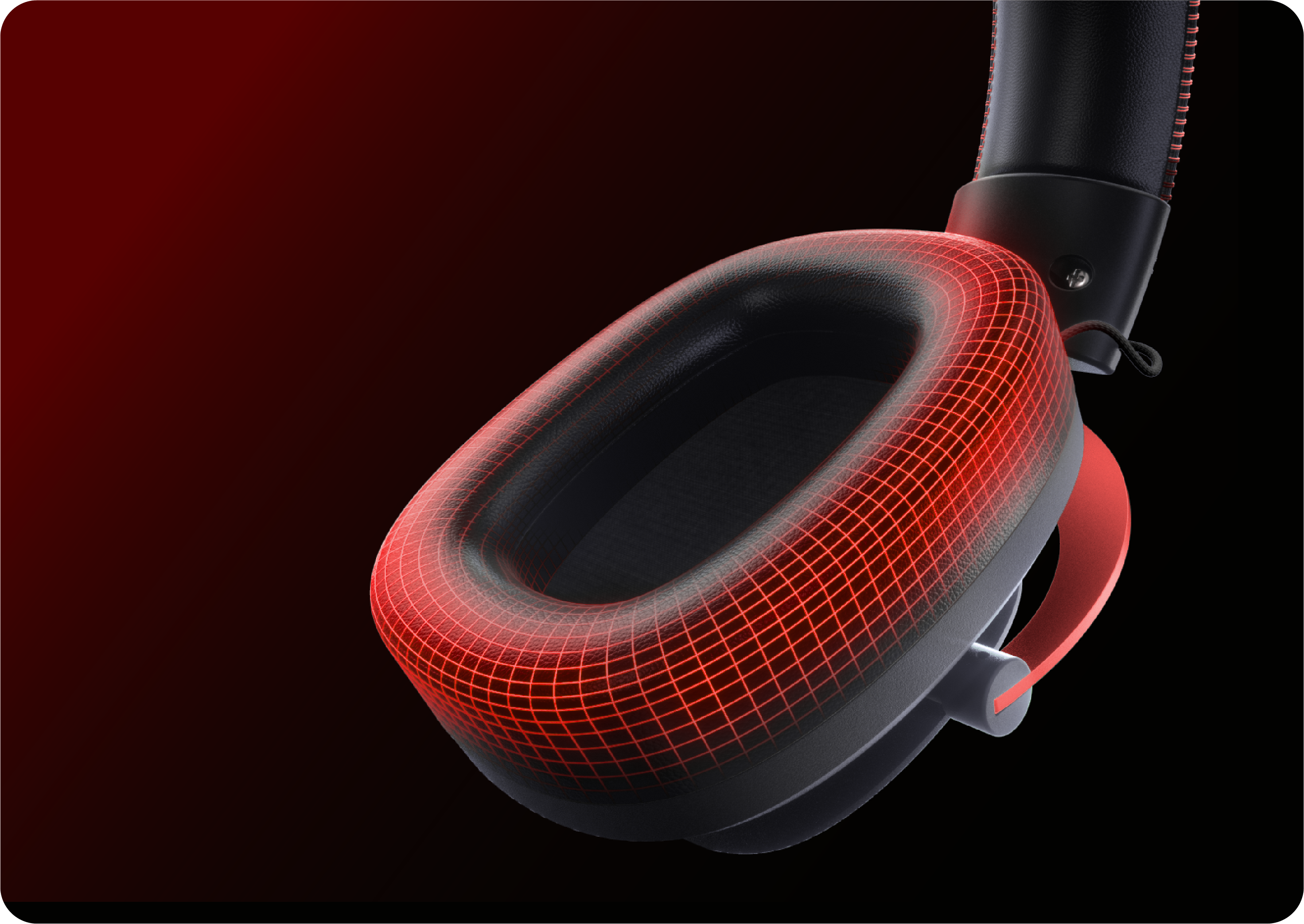 Auscultadores vermelhos com estrutura de rede 3D, design preto e vermelho, headset moderno para qualidade de som e conforto ótimos.