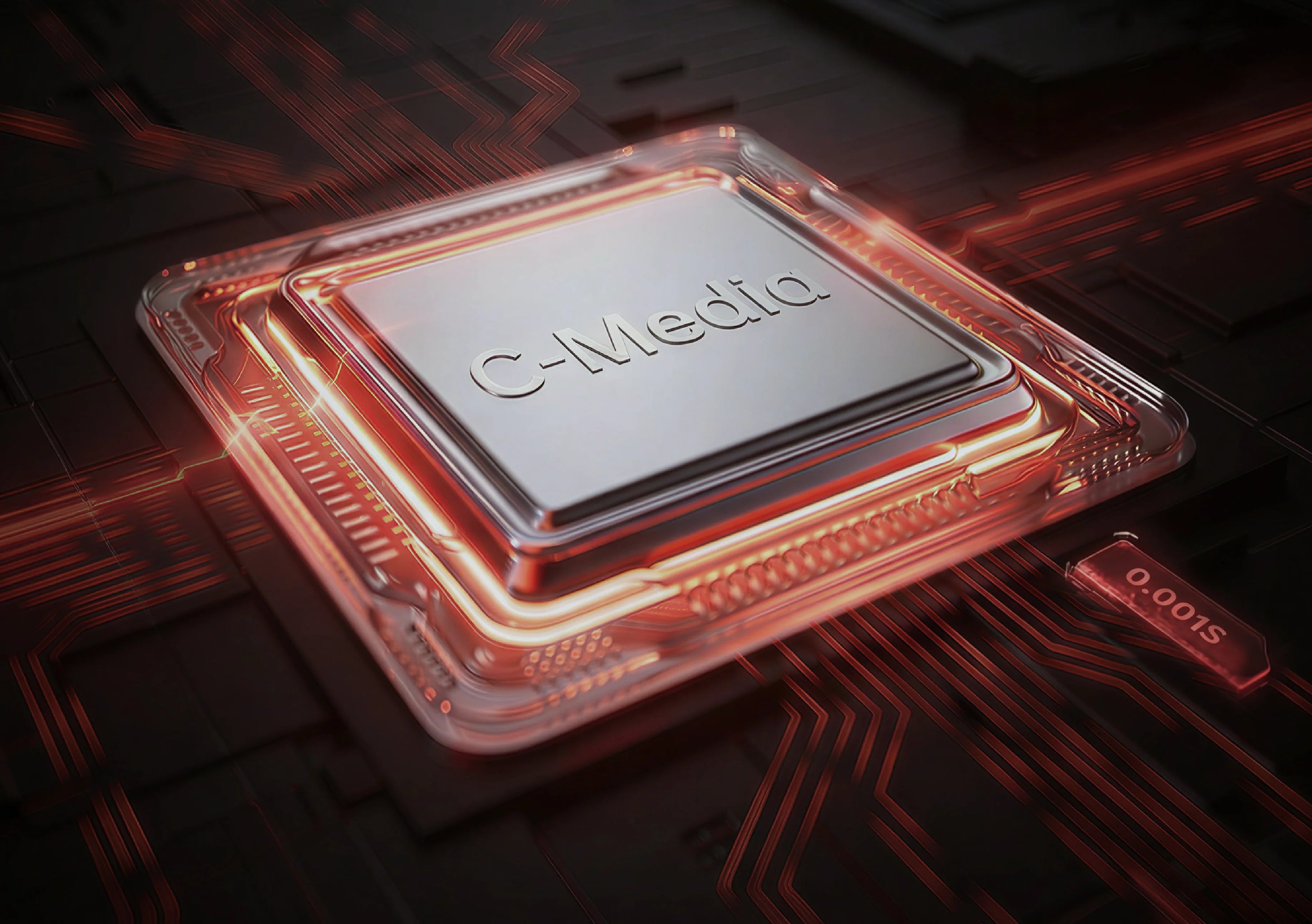 Chip C-Media com linhas vermelhas brilhantes numa placa de circuito futurista.