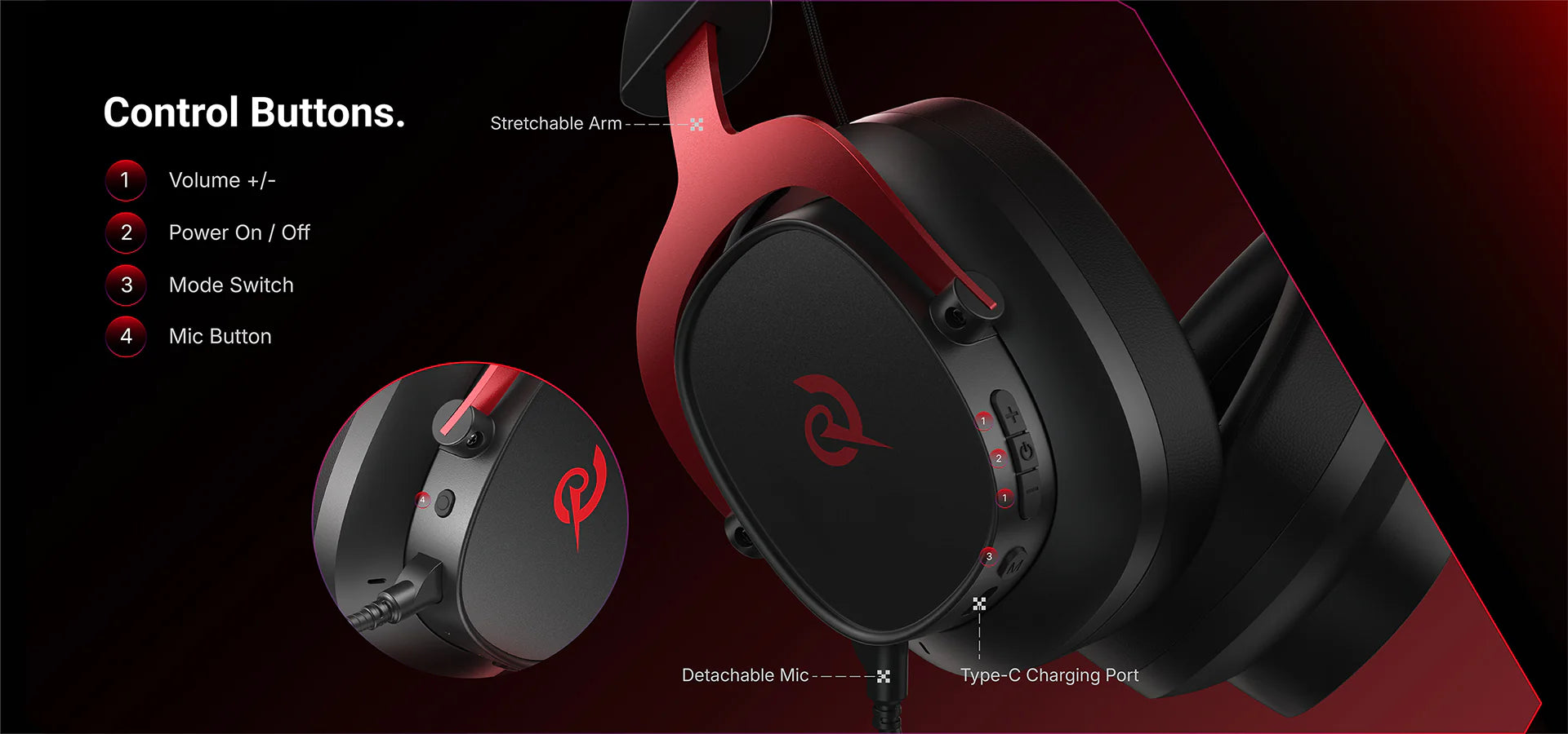 Auricular gaming com botões de controlo, microfone destacável e porta de carregamento Type-C, vermelho e preto, vista detalhada dos controlos