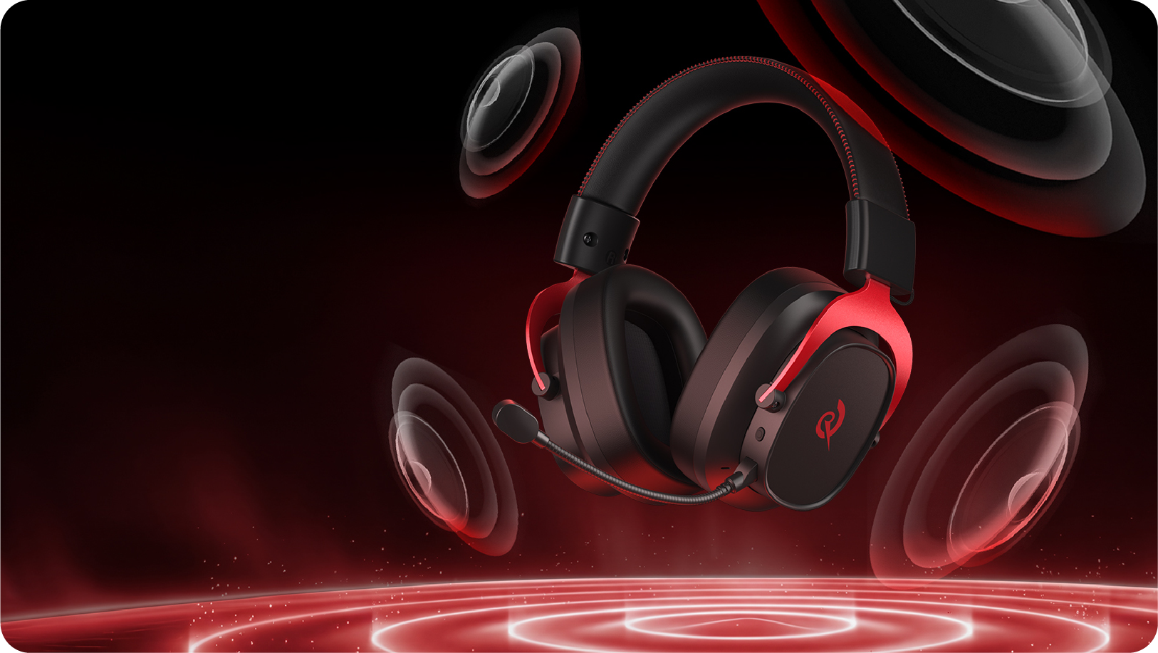 Auricular de jogo Razer com destaque vermelho e microfone, rodeado por ondas sonoras sobre fundo escuro