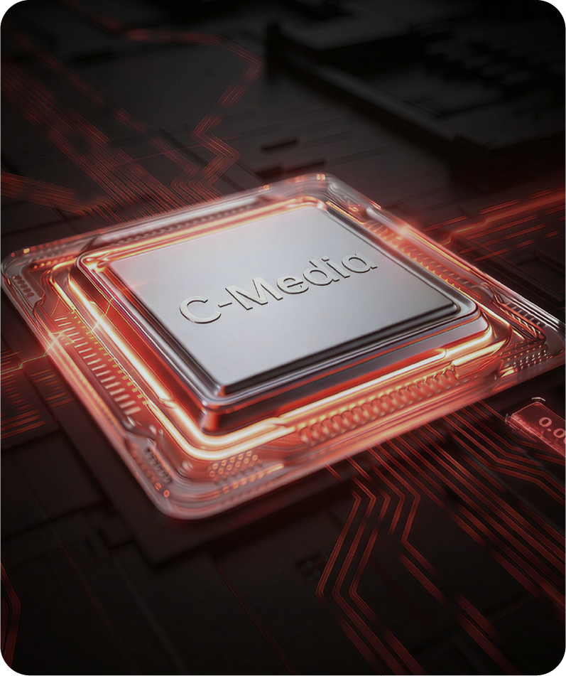 Chip C-Media numa placa de circuito com condutores vermelhos iluminados