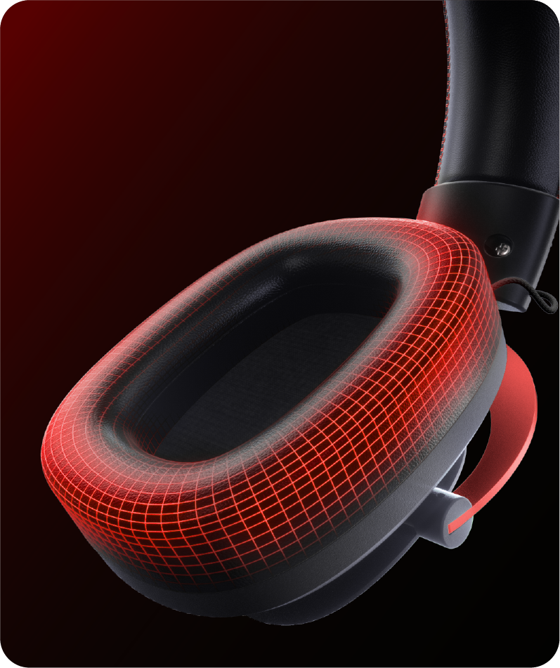 Auscultadores vermelhos com almofadas auriculares pretas e padrão de grelha vermelho, design moderno, tecnologia de áudio de alta qualidade