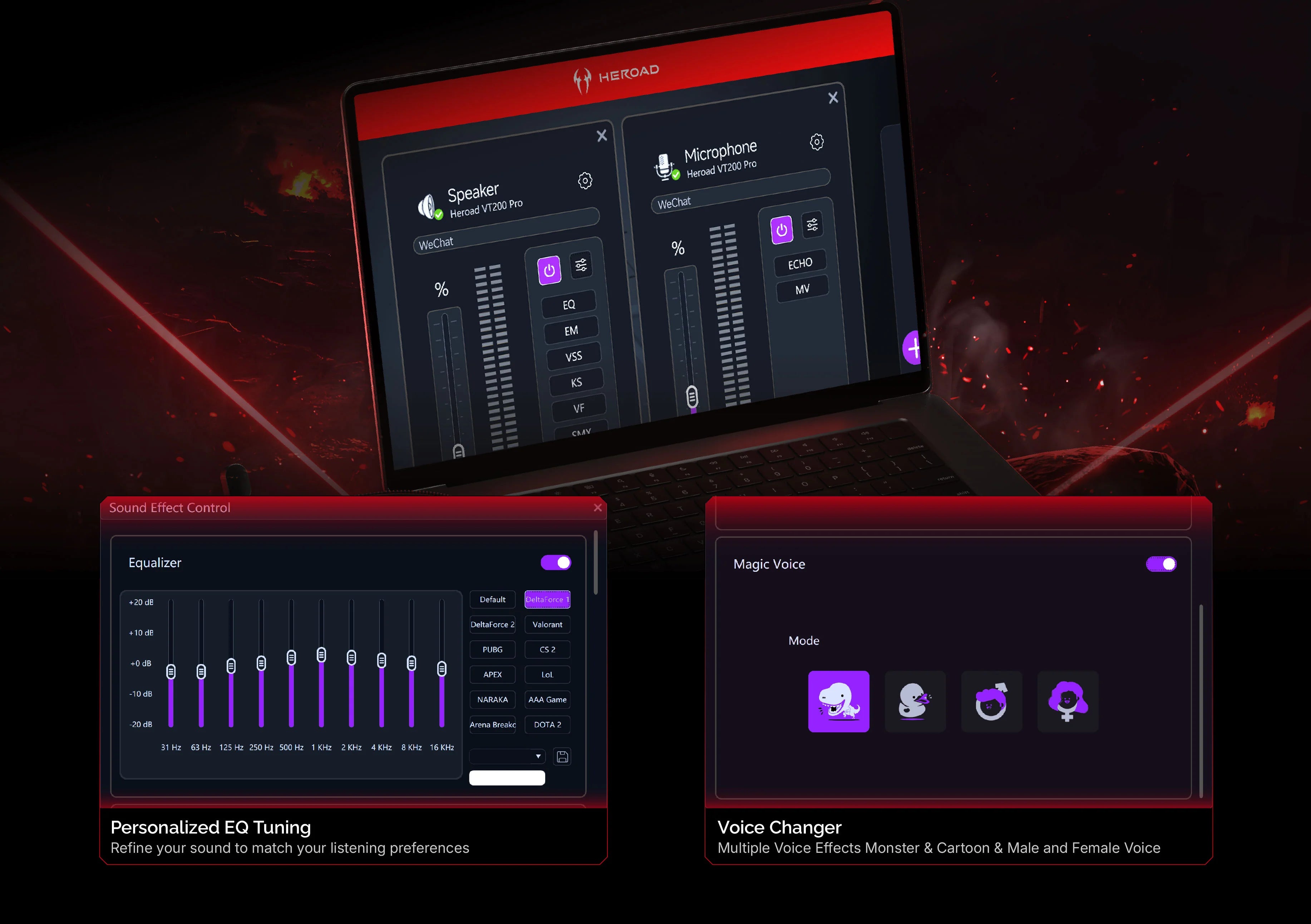 Auricular Gaming Heraod VT200 Pro com EQ ajustável, modulador de voz e efeitos sonoros para uma experiência de áudio otimizada.
