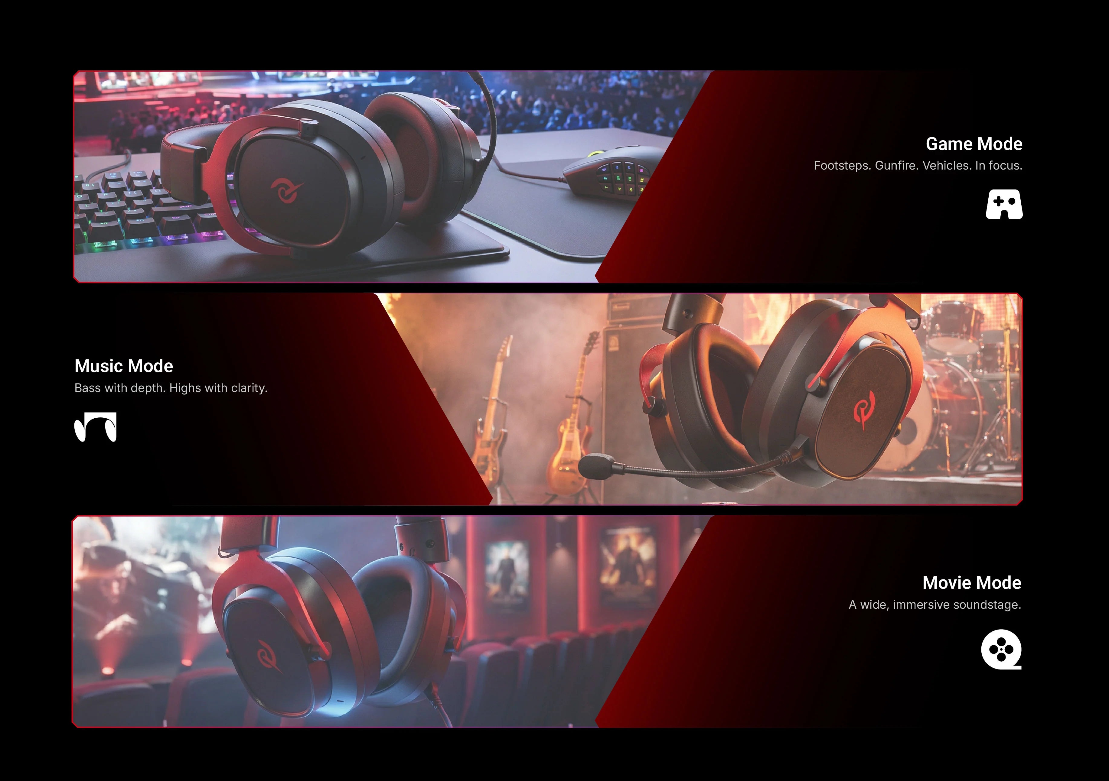 Auricular gaming com modos de jogo, música e filme para uma experiência de áudio ótima em diferentes cenários.
