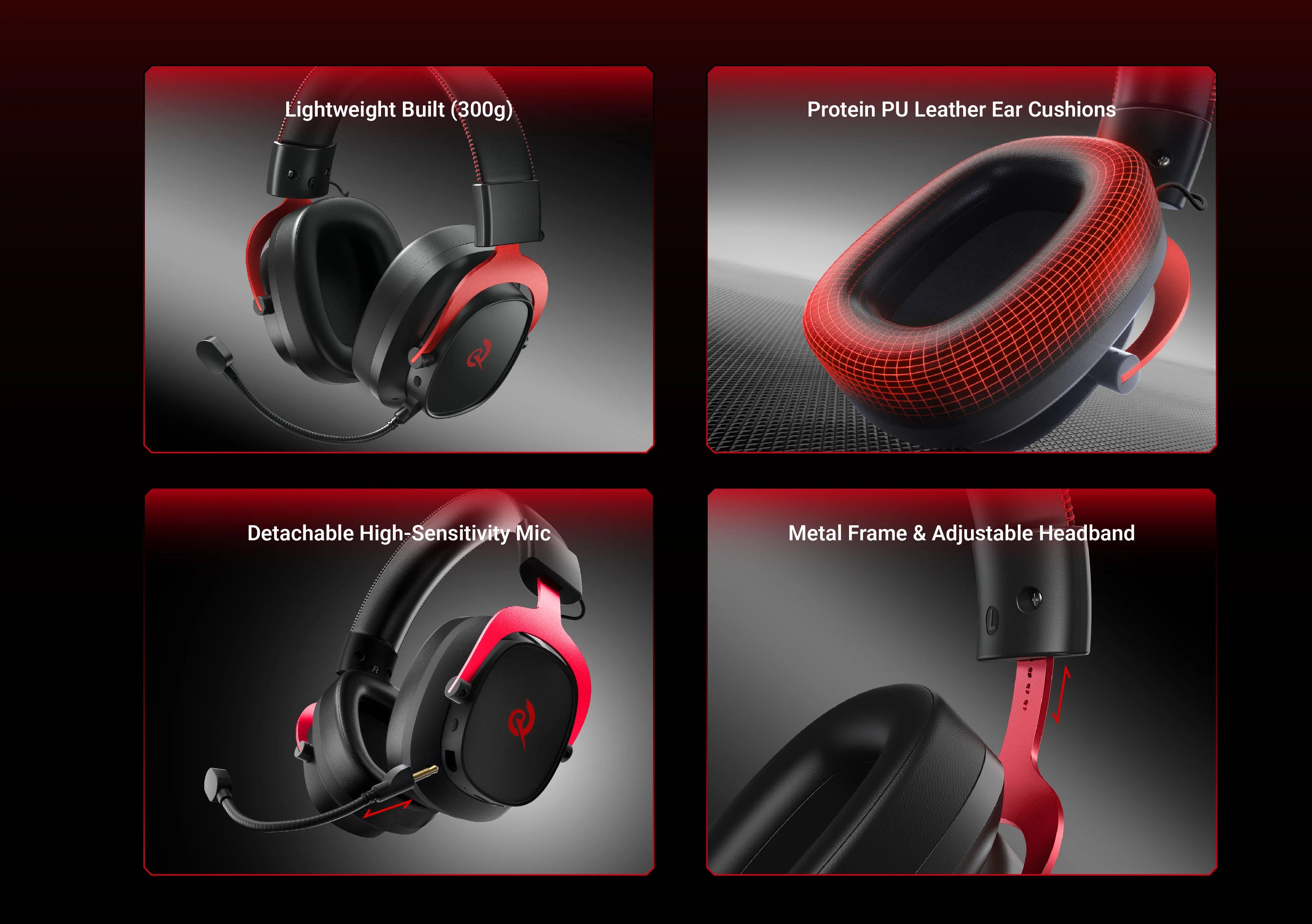 Auricular gaming leve com almofadas auriculares em PU de proteína, microfone destacável e estrutura metálica ajustável