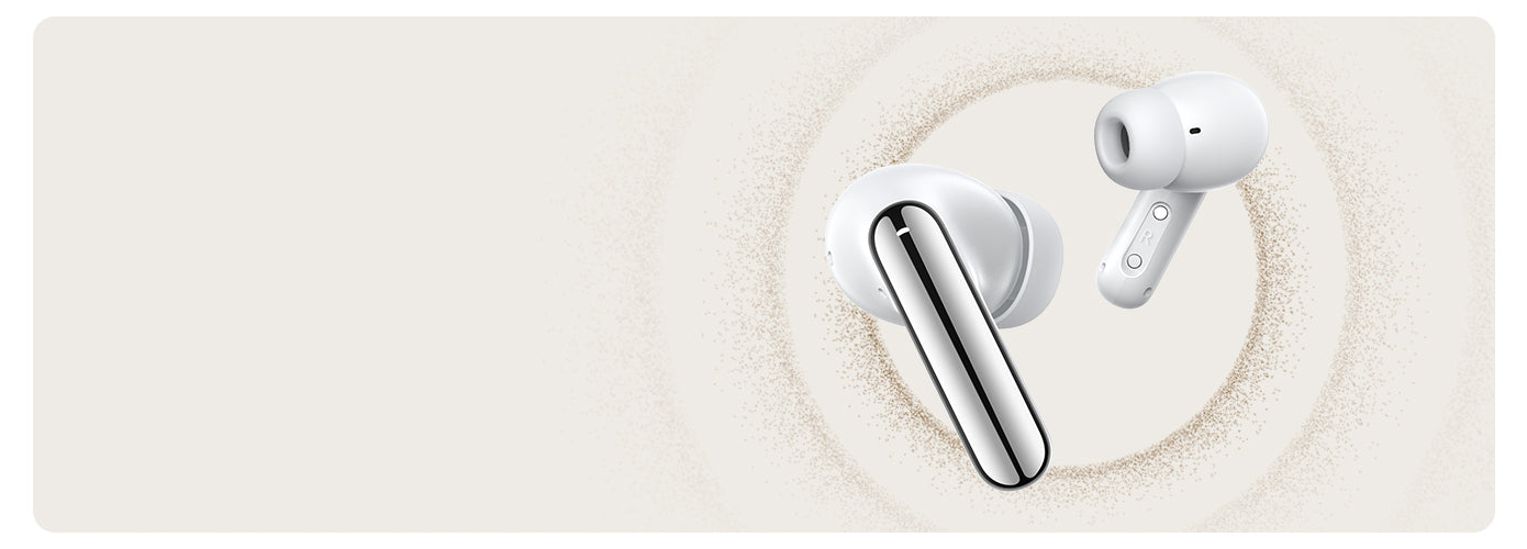 Auriculares sem fios brancos com design moderno e superfície brilhante sobre fundo claro.