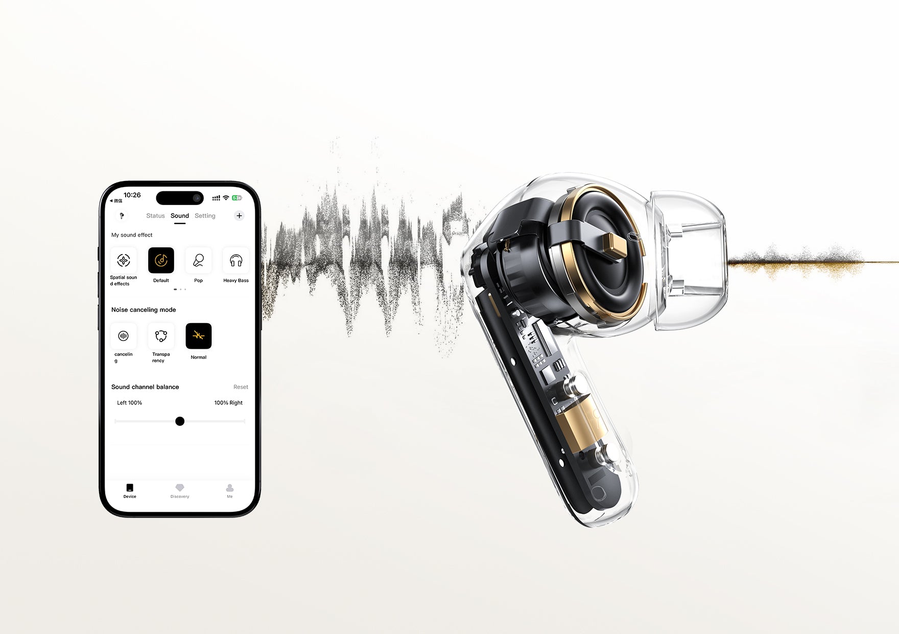 Auriculares sem fios com controlo por aplicação para cancelamento de ruído e otimização do som, design transparente com detalhes em dourado