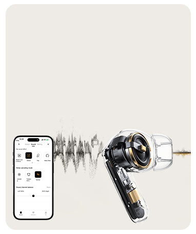 Auriculares Bluetooth com controlo por aplicação e visualização de ondas sonoras, design moderno com caixa transparente