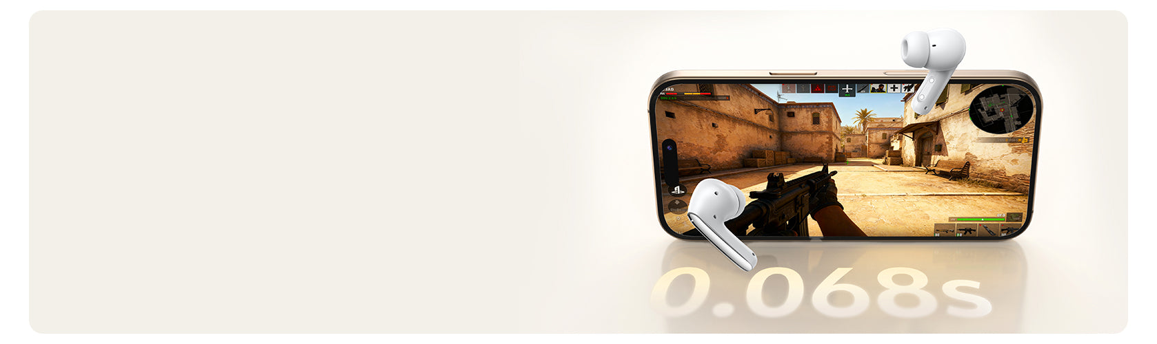 Auriculares brancos ao lado de um smartphone com um jogo de tiro no ecrã.