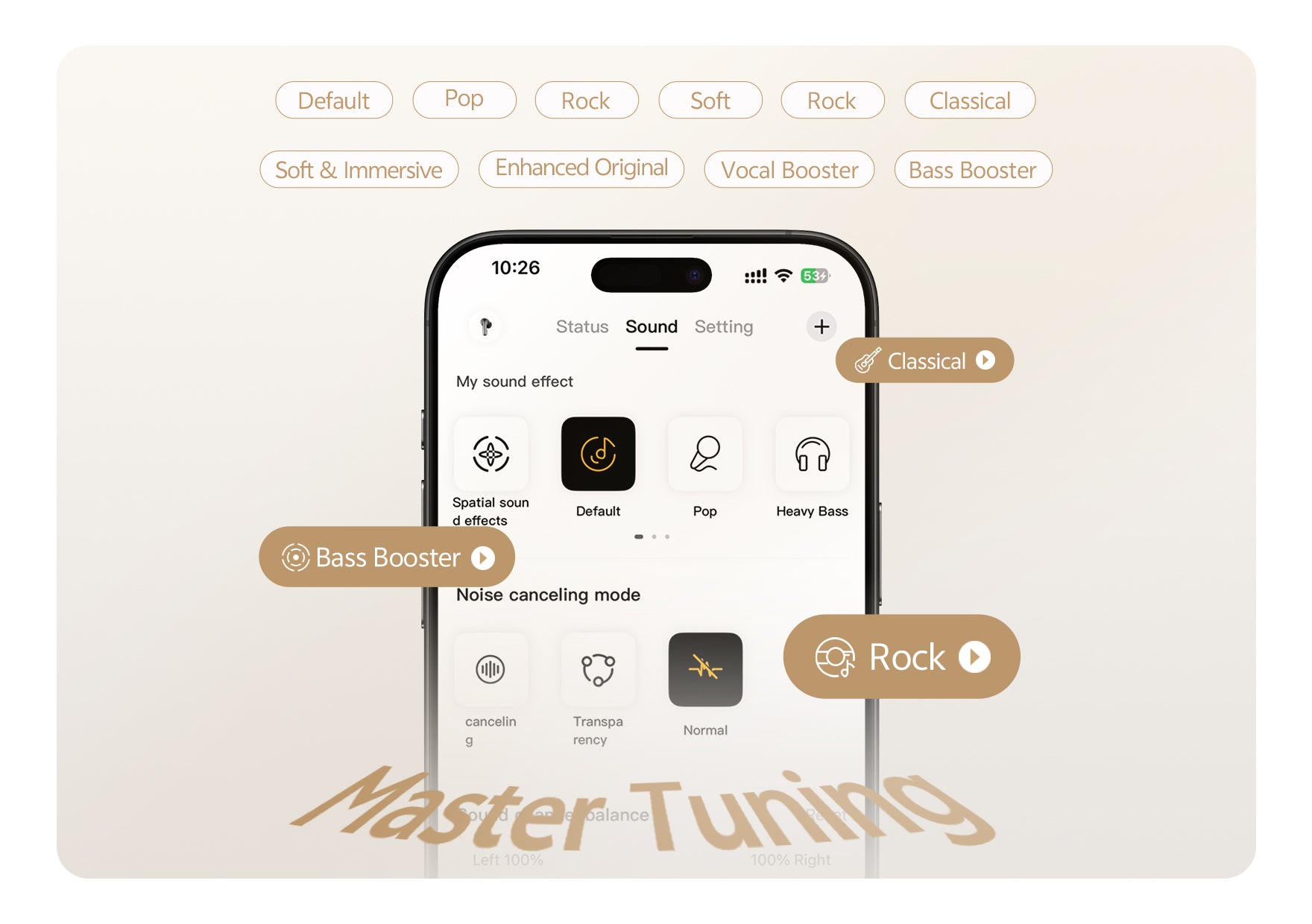 Smartphone com definições de som: Padrão, Pop, Rock, Clássico, Reforço de Graves. Aplicação Master Tuning.