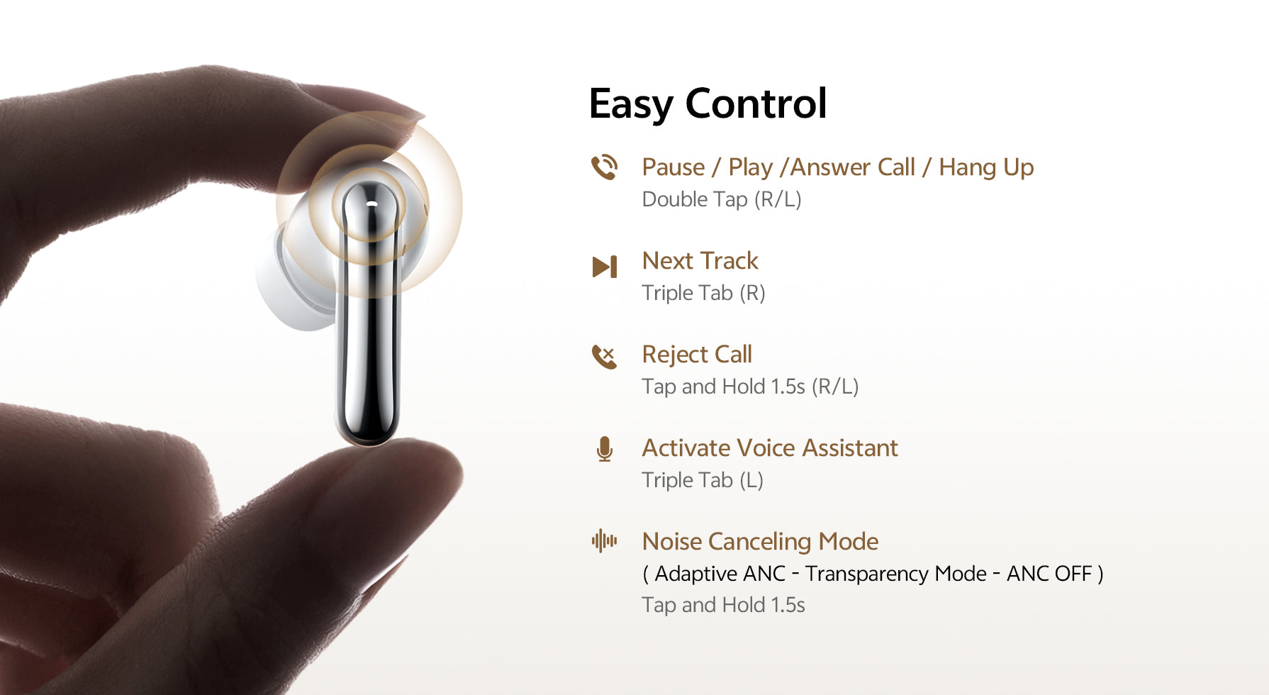 Dedo segura auscultadores intra-auriculares brancos com controlo tátil para música e chamadas.