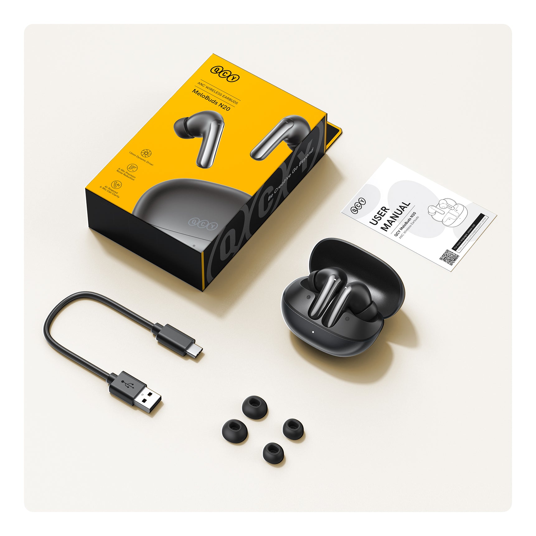 Auriculares Bluetooth QCY MeloBuds N20 ANC com estojo de carregamento, cabo USB-C e pontas de ouvido de substituição.