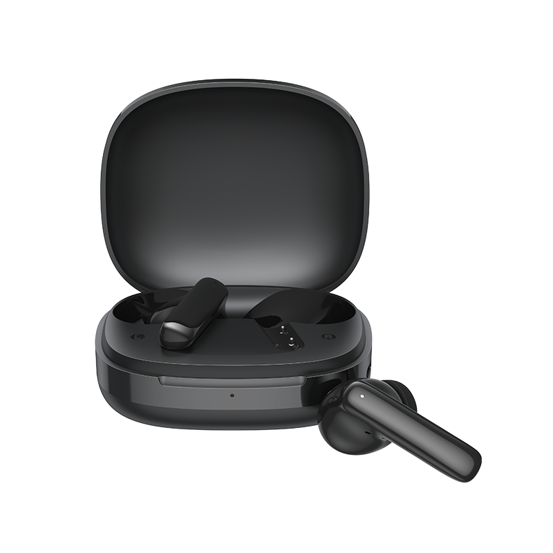 Auriculares Bluetooth QCY T13 Pro em preto, com estojo de carregamento e um auricular retirado.
