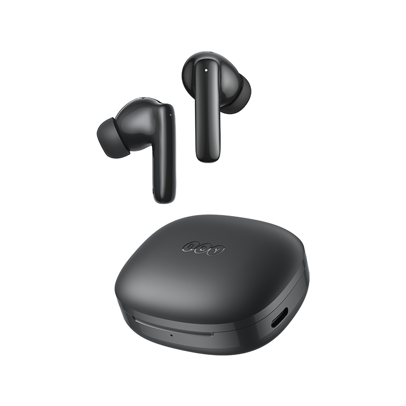 Auriculares True Wireless QCY T13 Pro com estojo de carregamento, preto, design moderno e ligação Bluetooth.