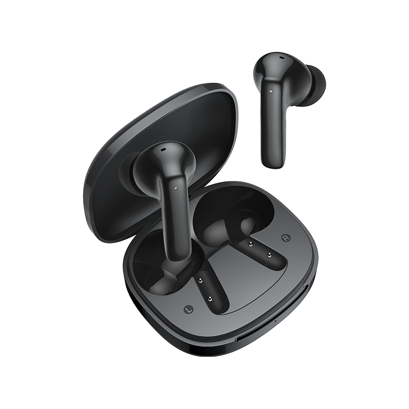 Auriculares True Wireless QCY T13 Pro em preto, com estojo de carregamento e auriculares, design moderno, compacto e elegante.