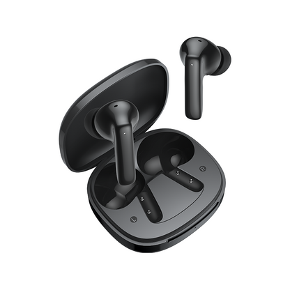 Auriculares True Wireless QCY T13 Pro em preto, com estojo de carregamento e auriculares, design moderno, compacto e elegante.
