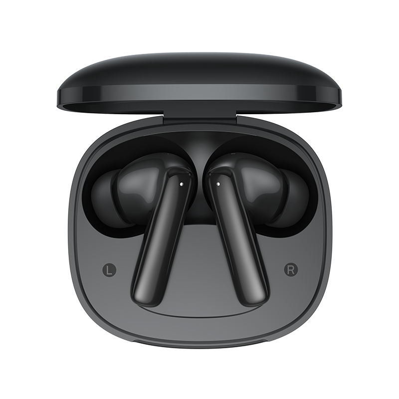 Auriculares True Wireless QCY T13 Pro em preto, estojo de carregamento aberto com auriculares esquerdo e direito identificados.