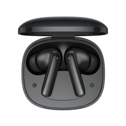 Auriculares True Wireless QCY T13 Pro em preto, estojo de carregamento aberto com auriculares esquerdo e direito identificados.