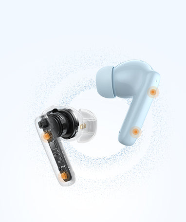 Auriculares Bluetooth com caixa transparente e concha auricular azul, detalhes de design modernos e acentos laranja.