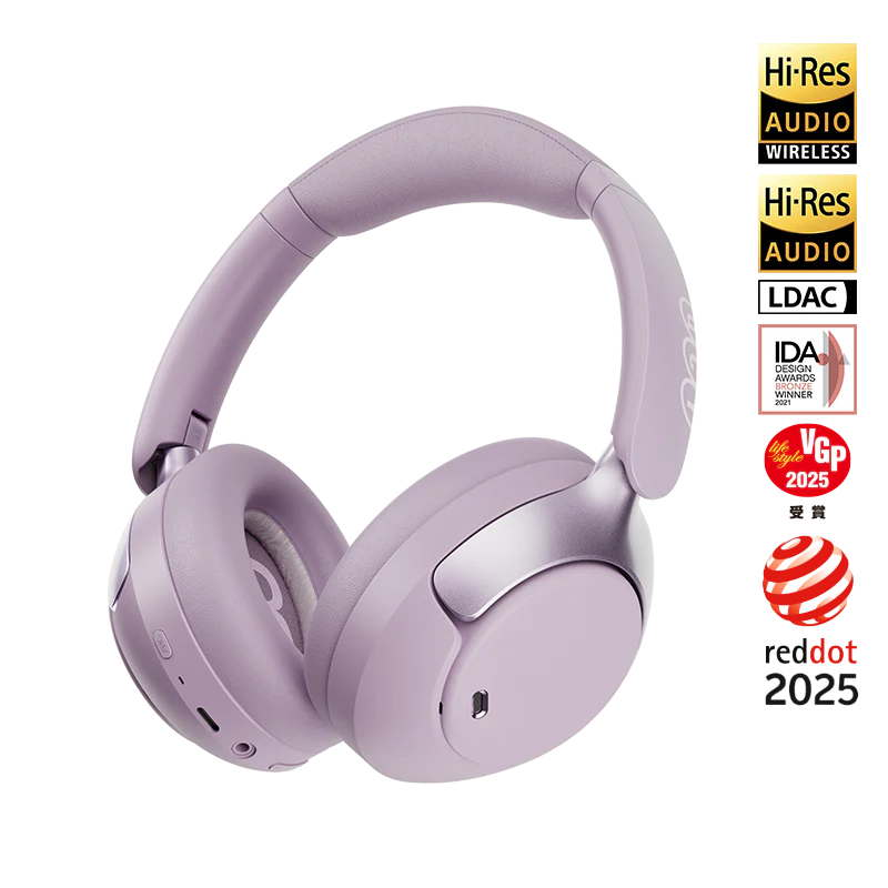 QCY H3 Pro lilás Auscultadores Bluetooth Over-Ear com braços metálicos nas conchas auriculares, além de certificações Hi-Res Audio, LDAC, iF Design e VGP 2025