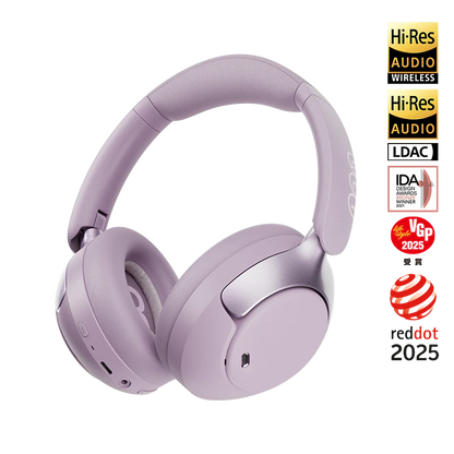 QCY H3 Pro lilás Auscultadores Bluetooth Over-Ear com braços metálicos nas conchas auriculares, além de certificações Hi-Res Audio, LDAC, iF Design e VGP 2025