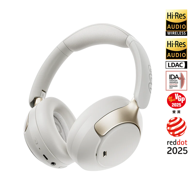 QCY H3 Pro auscultadores Bluetooth over-ear brancos com detalhes dourados, com certificações Hi-Res Audio, LDAC, iF Design e VGP 2025