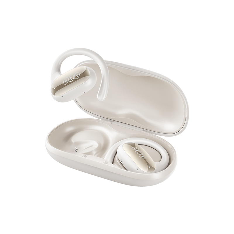 Auriculares QCY Crossky GTR2 em estojo de carregamento branco, design moderno com gancho para ajuste seguro.